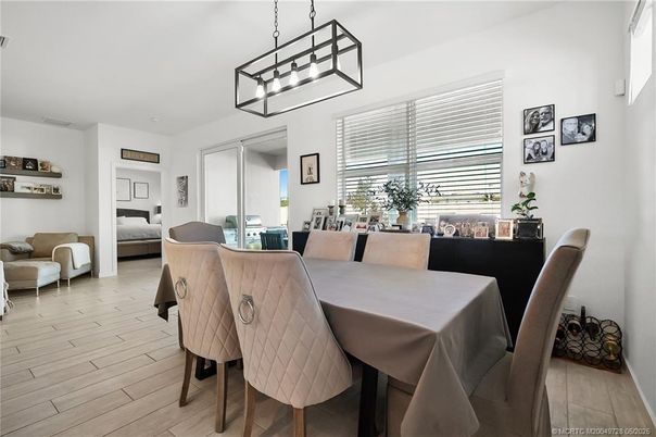 Dining room, Interior, Pendant Lights, Wood Texture Flooring