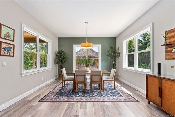 Dining room, Interior, Pendant Lights, Wood Texture Flooring