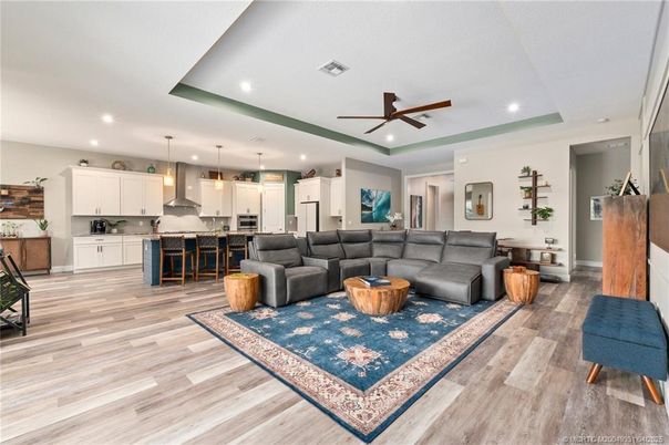 Interior, Kitchen, Living room, Pendant Lights, Recessed Lighting, Wood Texture Flooring