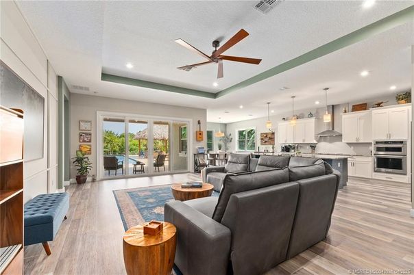 Interior, Kitchen, Living room, Pendant Lights, Recessed Lighting, Stainless Steel Appliances, Wood Texture Flooring
