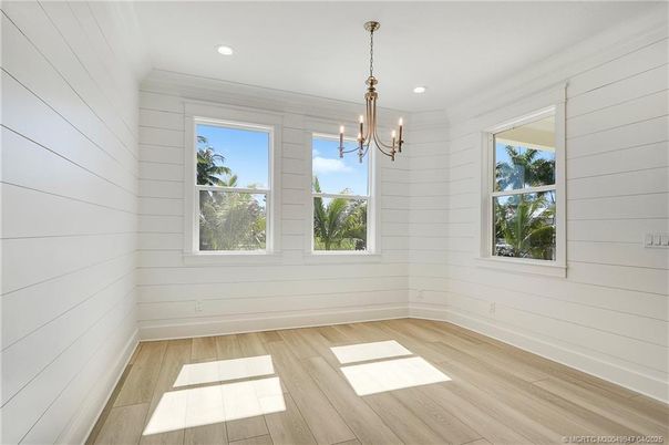 Chandelier, Empty room, Interior, Recessed Lighting, Wood Texture Flooring