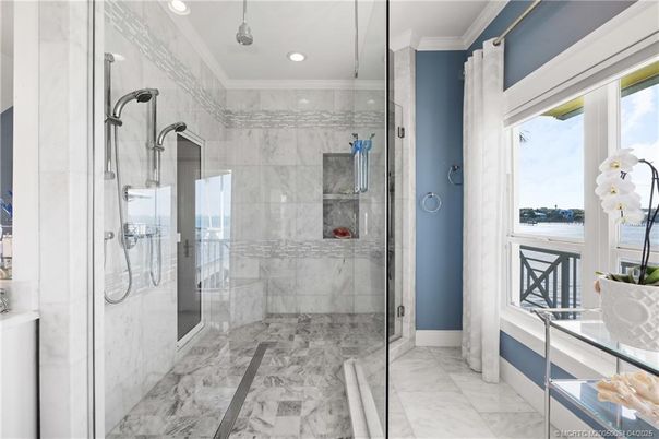 Bathroom, Glass Shower, Interior, Marble, Marble Walls, Recessed Lighting