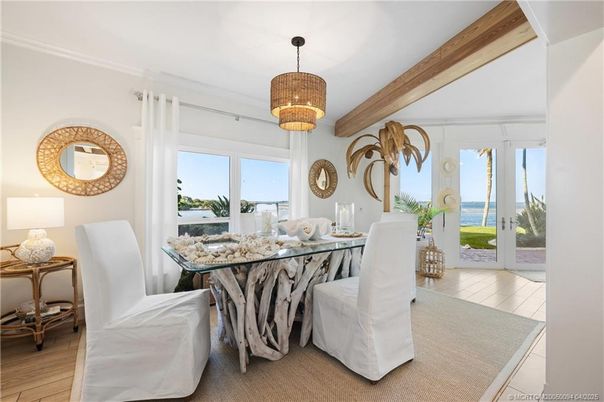 Chandelier, Dining room, Interior, Wooden Beams, Wood Texture Flooring