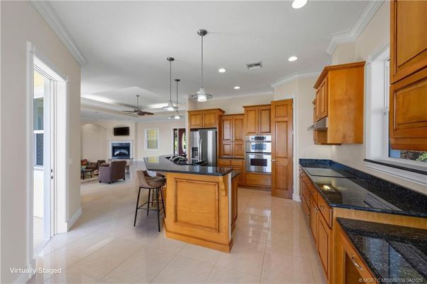 Fireplace, Interior, Kitchen, Living room, Pendant Lights, Recessed Lighting, Stainless Steel Appliances