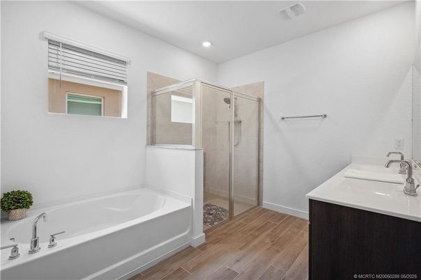 Bathroom, Glass Shower, Interior, Recessed Lighting, Wood Texture Flooring