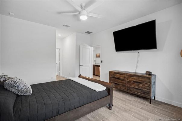 Bedroom, Interior, Recessed Lighting, Wood Texture Flooring