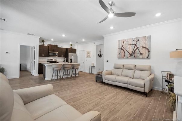 Interior, Kitchen, Living room, Recessed Lighting, Stainless Steel Appliances, Wood Texture Flooring