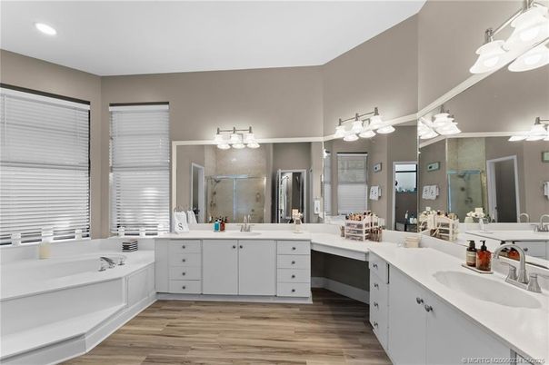 Bathroom, Dual Sink Vanities, Interior, Recessed Lighting, Wood Texture Flooring