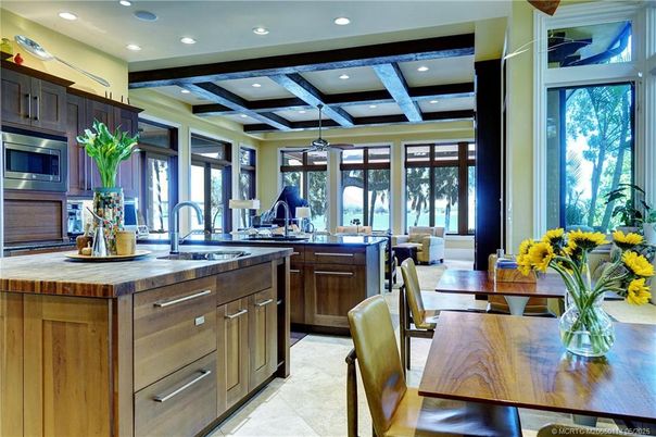 Dining room, Interior, Kitchen, Recessed Lighting, Stainless Steel Appliances, Wooden Beams