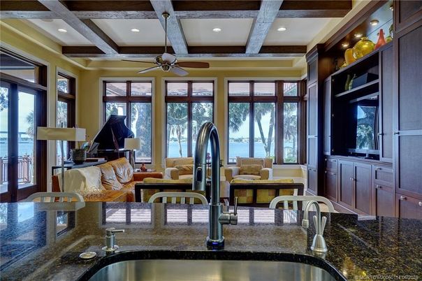 Interior, Kitchen, Living room, Recessed Lighting, Water, Wooden Beams