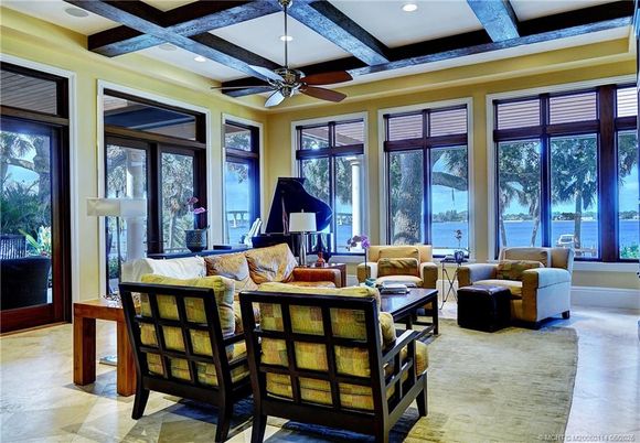 Interior, Living room, Piano, Recessed Lighting, Water, Wooden Beams