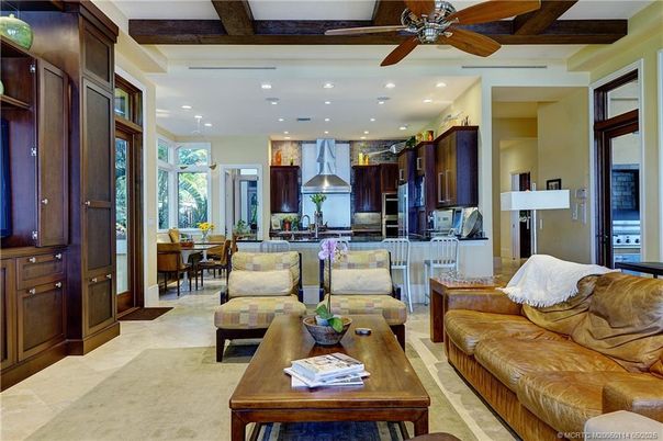Dining room, Interior, Kitchen, Living room, Recessed Lighting, Stainless Steel Appliances, Wooden Beams