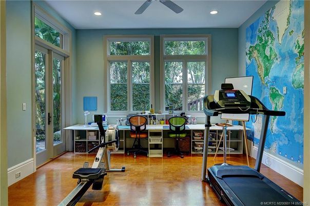 Fitness Equipment, Home Office, Interior, Recessed Lighting, Wood Texture Flooring
