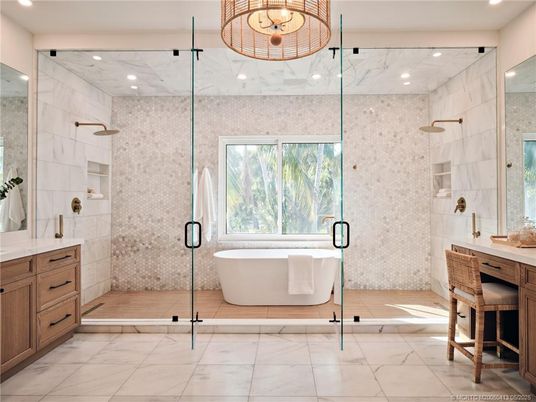 Bathroom, Free Standing Baths, Glass Shower, Interior, Marble, Marble Walls, Recessed Lighting