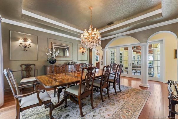 Chandelier, Dining room, Interior, Wood Texture Flooring