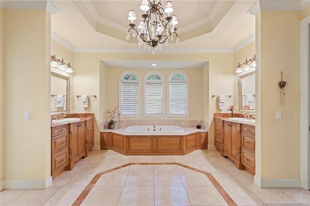Bathroom, Chandelier, Dual Sink Vanities, Interior, Recessed Lighting