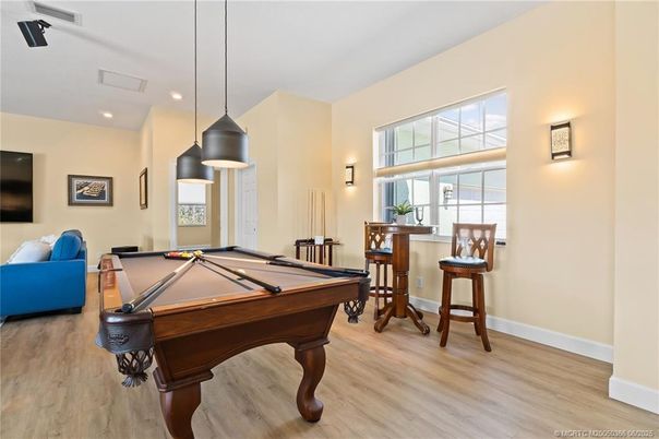 Billiard Table, Game Room, Interior, Pendant Lights, Recessed Lighting, Wood Texture Flooring