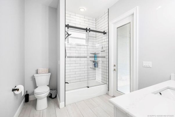 Bathroom, Glass Shower, Interior, Recessed Lighting, Wood Texture Flooring