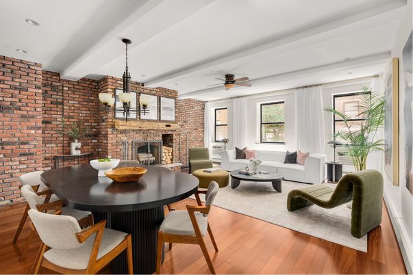 Dining room, Fireplace, Interior, Living room, Recessed Lighting, Stone Walls, Wood Texture Flooring