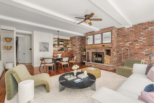 Dining room, Fireplace, Interior, Living room, Pendant Lights, Stone Walls, Wood Texture Flooring