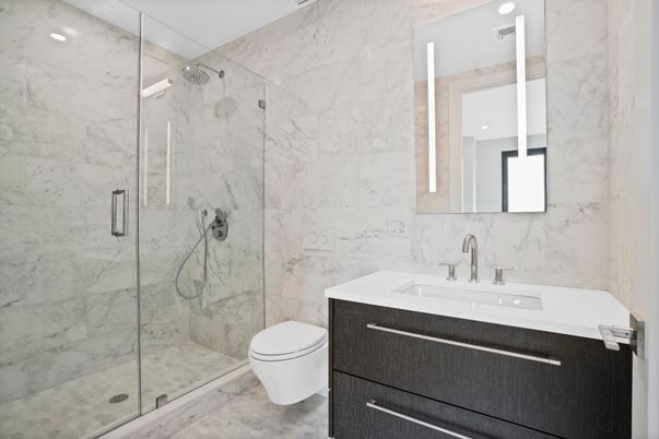 Bathroom, Glass Shower, Interior, Marble Walls, Recessed Lighting
