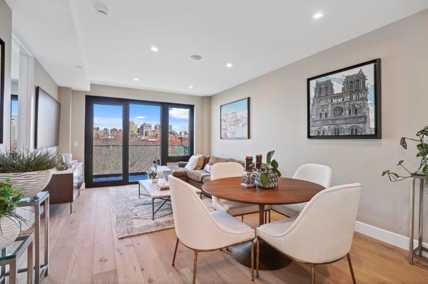 Dining room, Interior, Living room, Recessed Lighting, Wood Texture Flooring