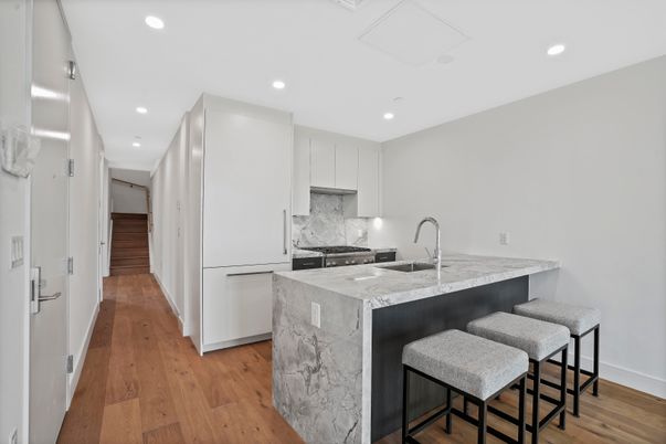 Interior, Kitchen, Marble Walls, Recessed Lighting, Wood Texture Flooring