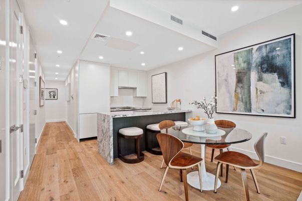 Dining room, Interior, Kitchen, Recessed Lighting, Wood Texture Flooring