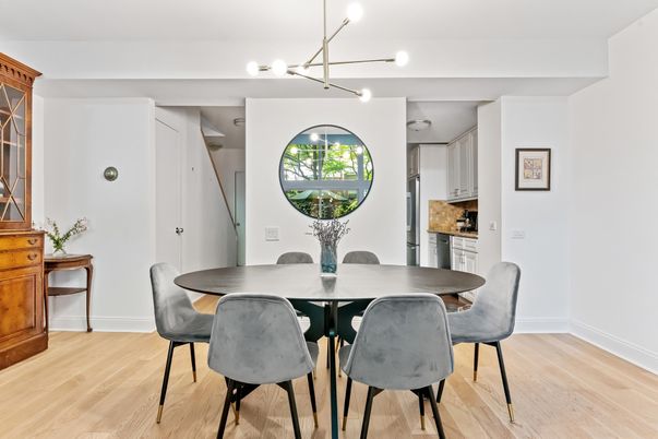 Dining room, Interior, Pendant Lights, Wood Texture Flooring