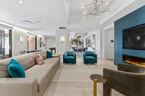 Dining room, Fireplace, Interior, Living room, Pendant Lights, Recessed Lighting, Wood Texture Flooring