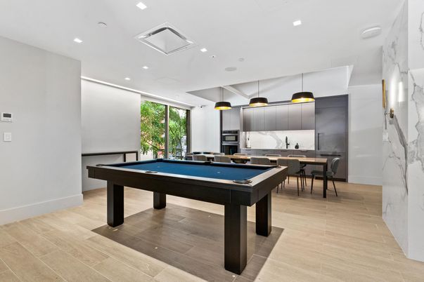Billiard Table, Dining room, Game Room, Interior, Kitchen, Marble Walls, Pendant Lights, Recessed Lighting, Wood Texture Flooring