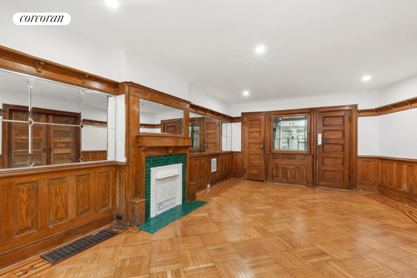 Fireplace, Interior, Recessed Lighting, Wood Texture Flooring, Wooden Walls