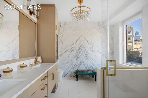 Bathroom, Chandelier, Glass Shower, Interior, Marble Walls
