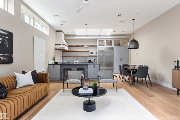 Dining room, Interior, Kitchen, Living room, Pendant Lights, Recessed Lighting, Stainless Steel Appliances, Wood Texture Flooring