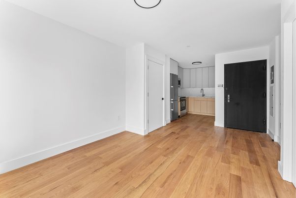 Empty room, Interior, Kitchen, Stainless Steel Appliances, Wood Texture Flooring