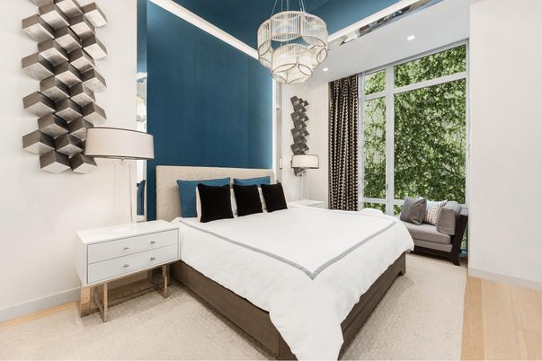 Bedroom, Chandelier, Interior, Recessed Lighting, Wood Texture Flooring
