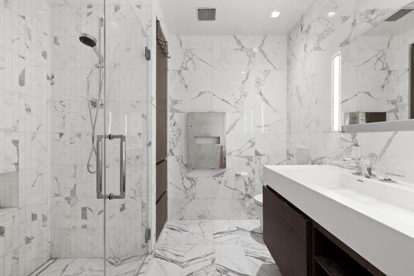 Bathroom, Glass Shower, Interior, Marble, Marble Walls, Recessed Lighting