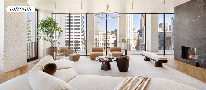 Fireplace, Interior, Living room, Pendant Lights, Skyline