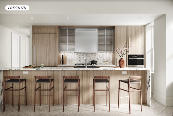 Interior, Kitchen, Marble Walls, Recessed Lighting, Wood Texture Flooring