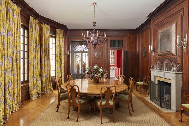 Chandelier, Dining room, Fireplace, Interior, Wood Texture Flooring, Wooden Walls