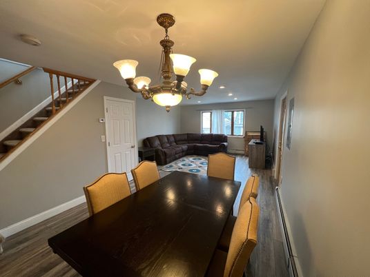 Chandelier, Dining room, Interior, Living room, Recessed Lighting, Wood Texture Flooring