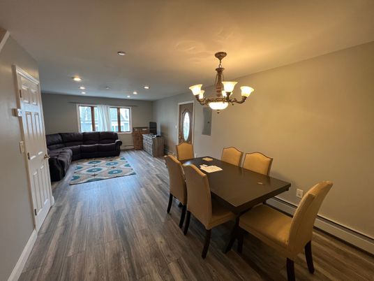 Chandelier, Dining room, Interior, Living room, Recessed Lighting, Wood Texture Flooring