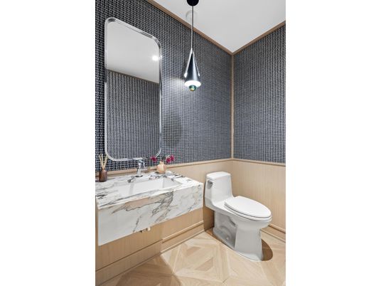 Bathroom, Interior, Pendant Lights, Recessed Lighting, Wood Texture Flooring
