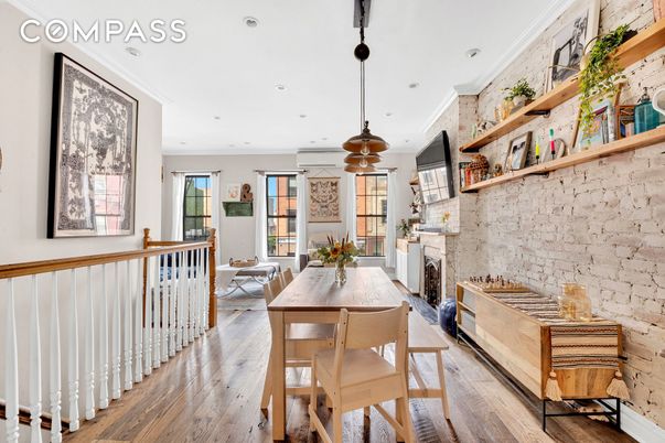 Dining room, Fireplace, Interior, Pendant Lights, Recessed Lighting, Stone Walls, Wood Texture Flooring