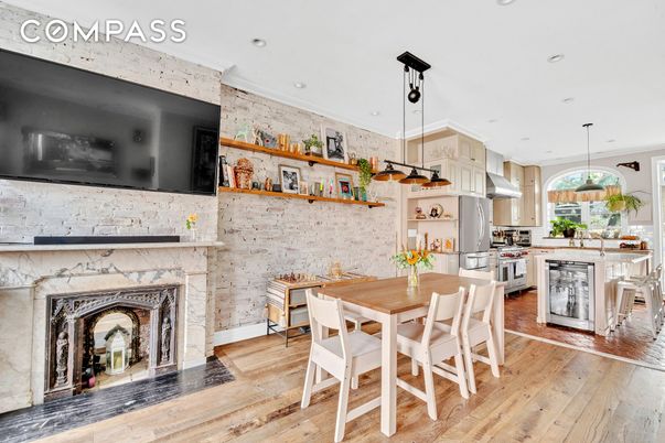 Dining room, Fireplace, Interior, Kitchen, Pendant Lights, Recessed Lighting, Stone Walls, Wood Texture Flooring