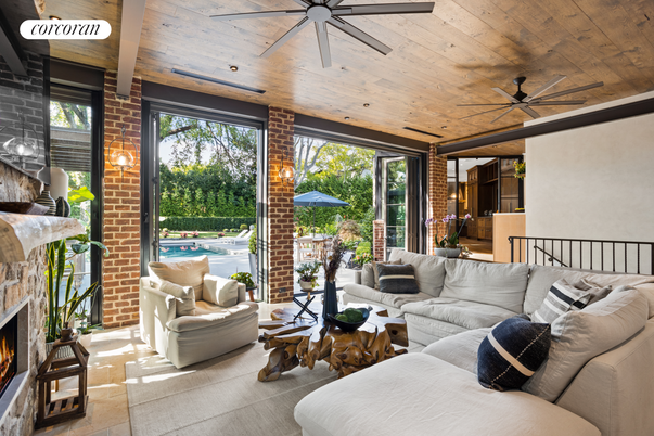 Fireplace, Interior, Living room, Recessed Lighting, Stone Walls, Wooden Ceilings
