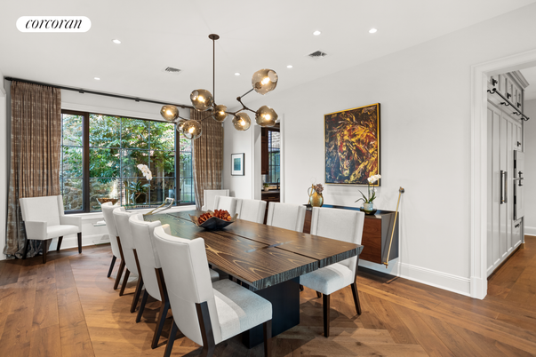 Dining room, Interior, Pendant Lights, Recessed Lighting, Wood Texture Flooring