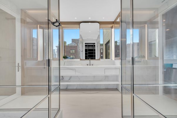 Bathroom, Glass Shower, Interior, Marble, Recessed Lighting