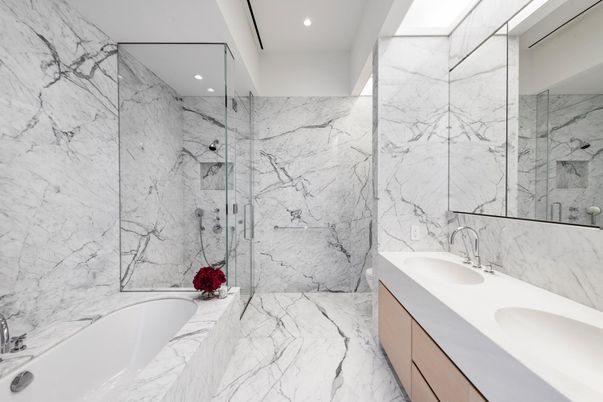 Bathroom, Dual Sink Vanities, Glass Shower, Interior, Marble, Marble Walls, Recessed Lighting