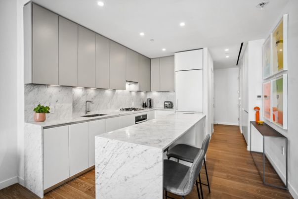 Interior, Kitchen, Marble Walls, Recessed Lighting, Stainless Steel Appliances, Wood Texture Flooring